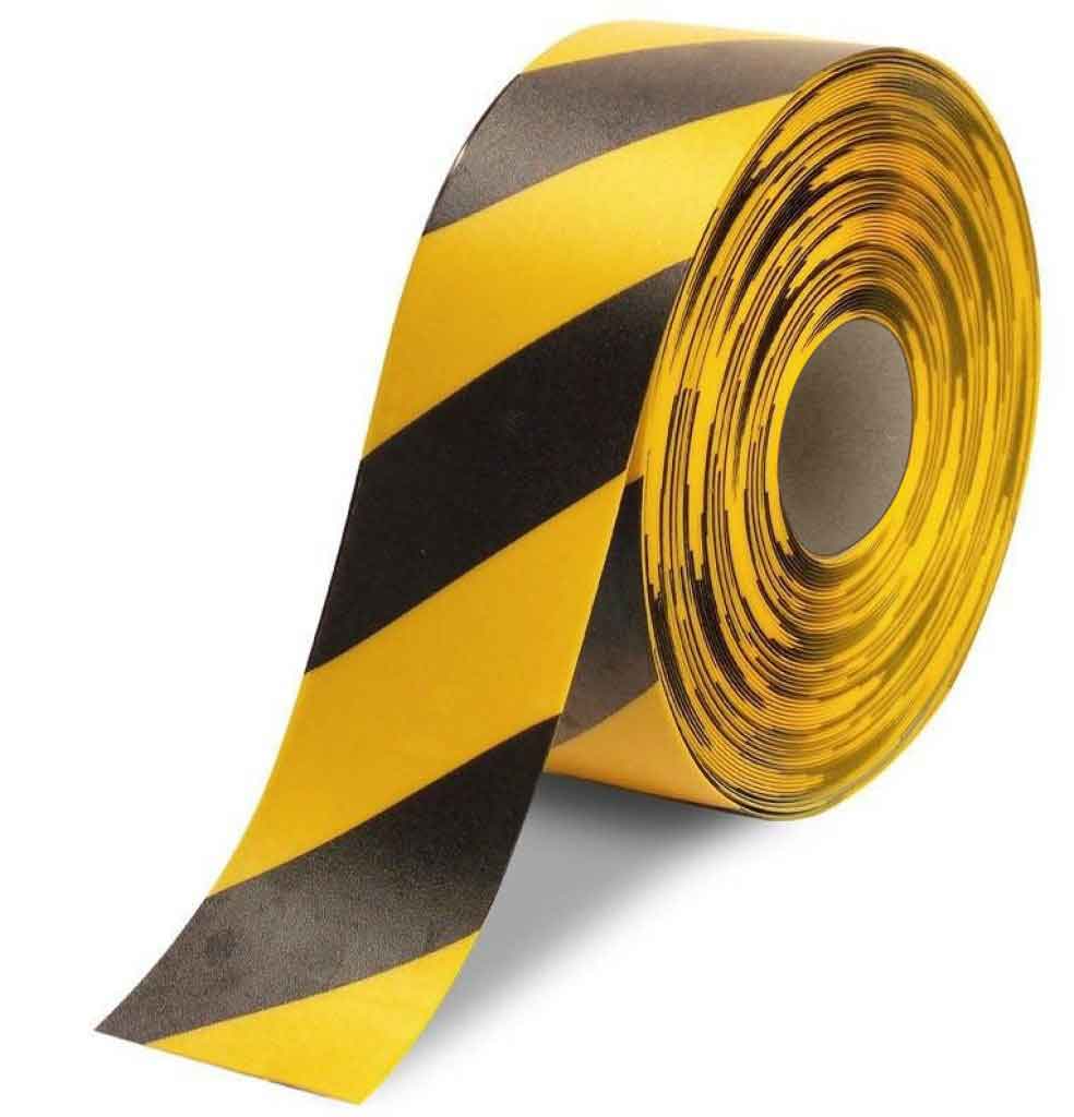 NMC 50 Mil Heavy Duty Floor Tape, 4" X 100', Black/Yellow Striped - HDT4BKYL - TotalRestroom.com