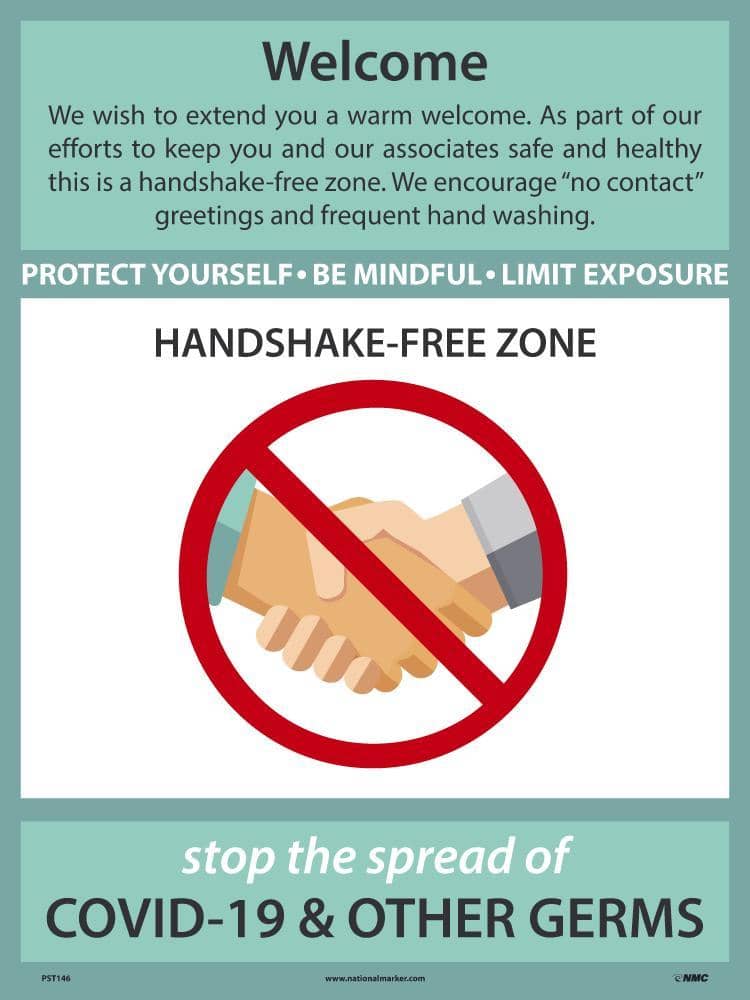 NMC WELCOME HANDSHAKE FREE ZONE POSTER, 24 X 18 POLYTAG - PST146 - TotalRestroom.com