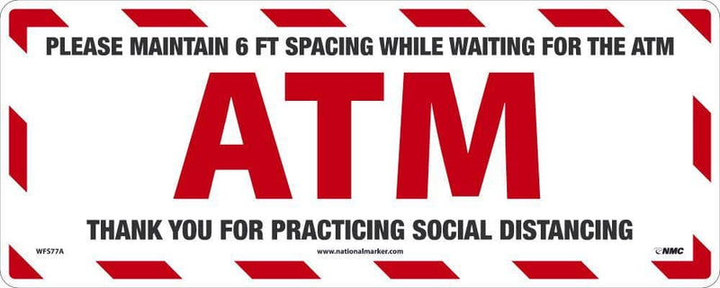 NMC ATM SOCIAL DISTANCING WALK ON FLOOR SIGN, 8 X 20, PSV NON-SKID LAM - WFS77 - TotalRestroom.com