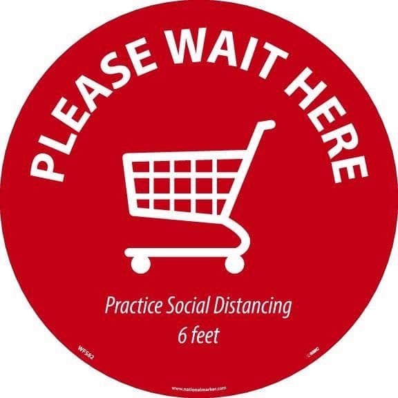 NMC PLEASE WAIT HERE SHOPPING CART, RED ON WHITE, WALK ON FLOOR SIGN, 8 X 8,PSV NON-SKID LAM - WFS82 - TotalRestroom.com