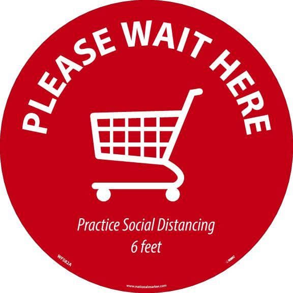 NMC PLEASE WAIT HERE SHOPPING CART, RED ON WHITE, WALK ON FLOOR SIGN, 8 X 8,PSV REMOVABLE, NON-SLIP LAM - WFS82A - TotalRestroom.com