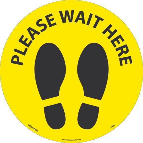 NMC PLEASE WAIT HERE FOOTPRINT, BLACK ON YELLOW, WALK ON FLOOR SIGN, 8 X 8,TEXWALK - WFS83TXYL - TotalRestroom.com