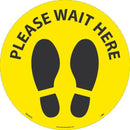 NMC PLEASE WAIT HERE FOOTPRINT, BLACK ON YELLOW, WALK ON FLOOR SIGN, 8 X 8,PSV NON-SKID LAM - WFS83YL - TotalRestroom.com