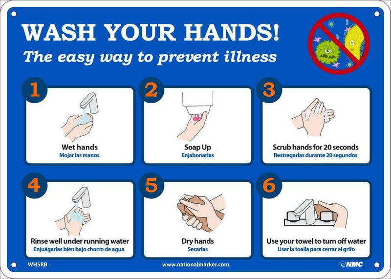 NMC WASH YOUR HANDS, 10X14, RIGID PLASTIC - WH5RB