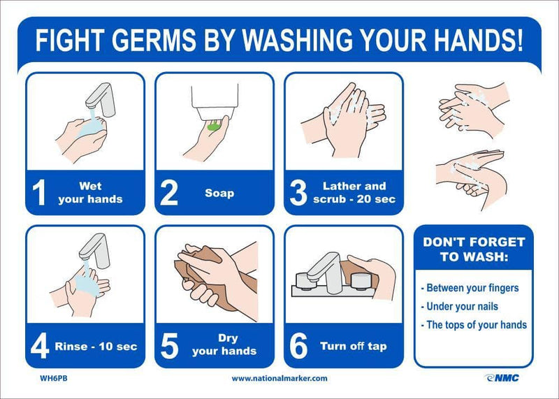 NMC FIGHT GERMS BY WASHING YOUR HANDS, 10X14, PS VINYL - WH6PB - TotalRestroom.com