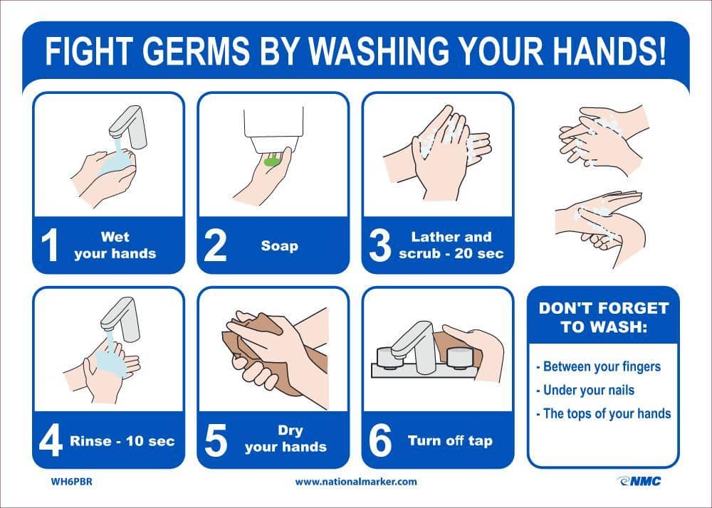 NMC FIGHT GERMS BY WASHING YOUR HANDS, 10X14, REMOVABLE PS VINYL - WH6PBR - TotalRestroom.com