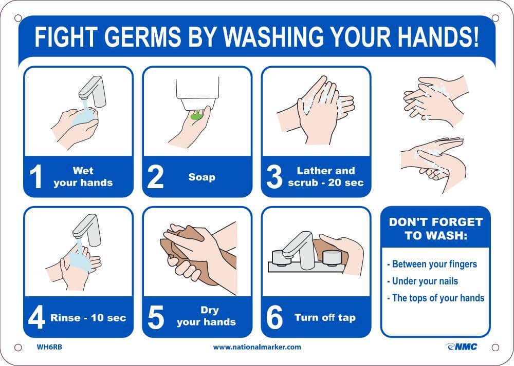 NMC FIGHT GERMS BY WASHING YOUR HANDS, 10X14, RIGID PLASTIC - WH6RB - TotalRestroom.com