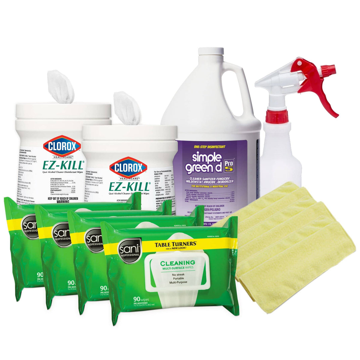 Simple Green Disinfectant Kit w/ Sani Professional Isopropyl Alcohol Disinfectant Wipes, Clorox EZ Kill Wipes, Microfiber Cloths and Spray Bottle - SDK-2 - TotalRestroom.com