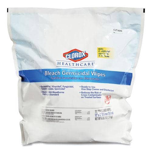 Clorox Healthcare Bleach Germicidal Wipes, 12 x 12, Unscented, 110/Refill, 2/Carton w/ Heavy Duty Plastic Wet Wipe Dispenser Bucket w/ Pop-Up Plug on Lid, 1/Carton - CLO30359CT - TotalRestroom.com