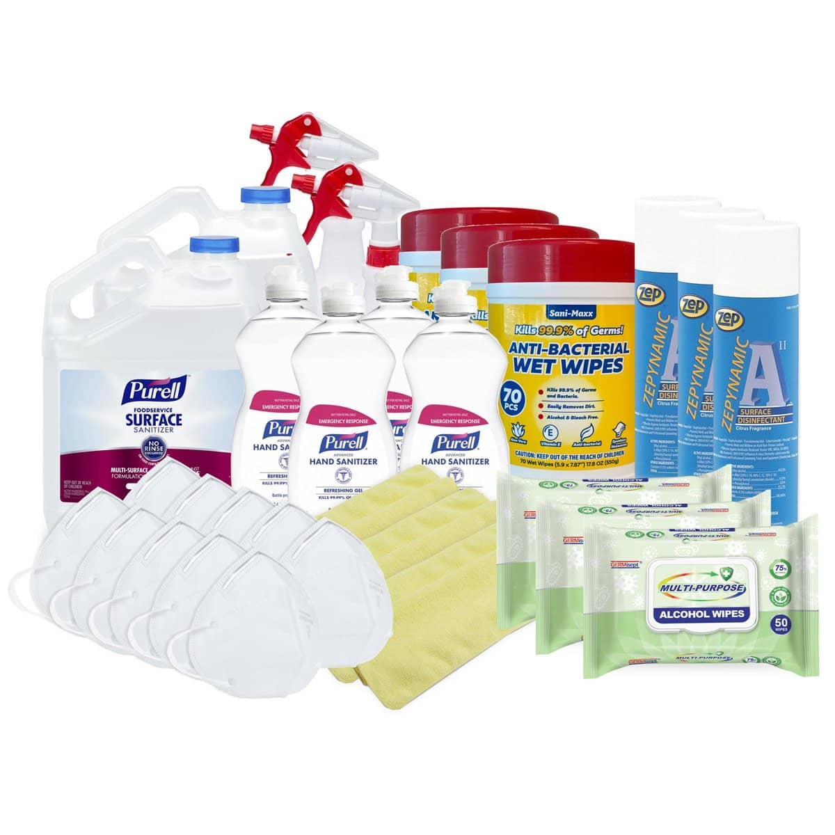 Purell Surface Sanitizer Kit w/ Zep Spray Disinfectant, Antibacterial Cleaning Wipes, KN95 Masks and More