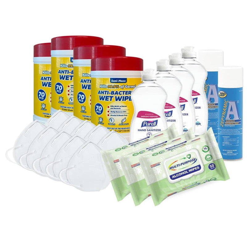 Zep Spray Disinfectant Kit w/ Antibacterial Cleaning Wipes, Purell Hand Sanitizer, 75% Ethanol Alcohol Wipes, KN95 Masks and More