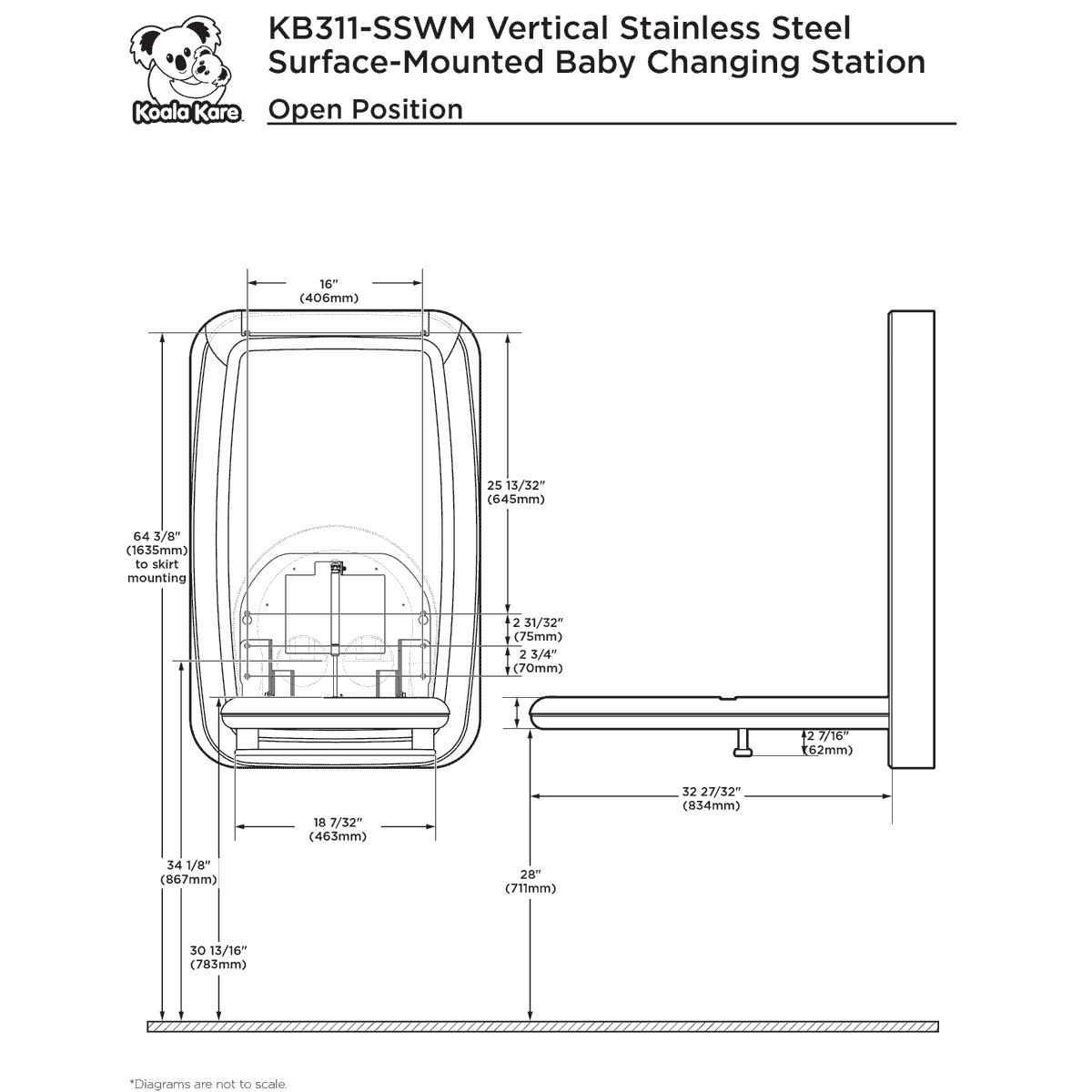 Koala Kare KB311-SSWM Vertical Stainless Steel Surface-Mounted Baby Changing Station