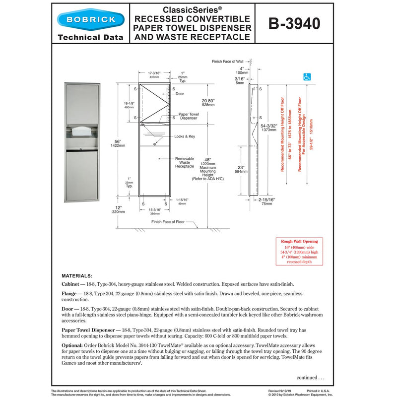 Bobrick B-3940 Recessed Wall Mount Combination Towel/Waste Unit