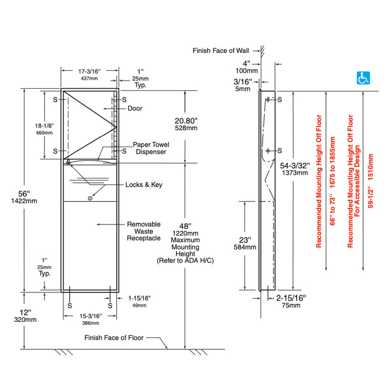 Bobrick B-3940 Recessed Wall Mount Combination Towel/Waste Unit