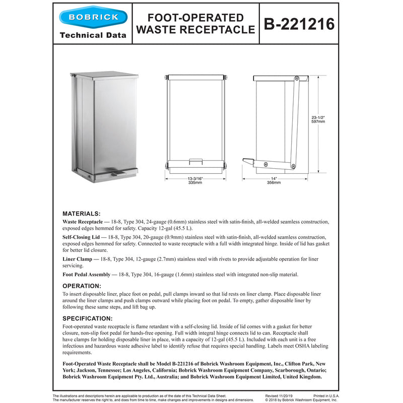 Bobrick B-221216 Foot-Operated Waste Receptacle, 12-Gallon