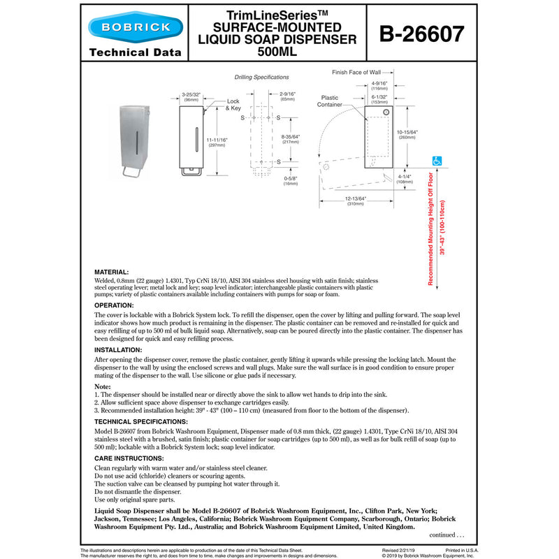 Bobrick B-26607 Surface-Mounted Liquid Soap Dispenser