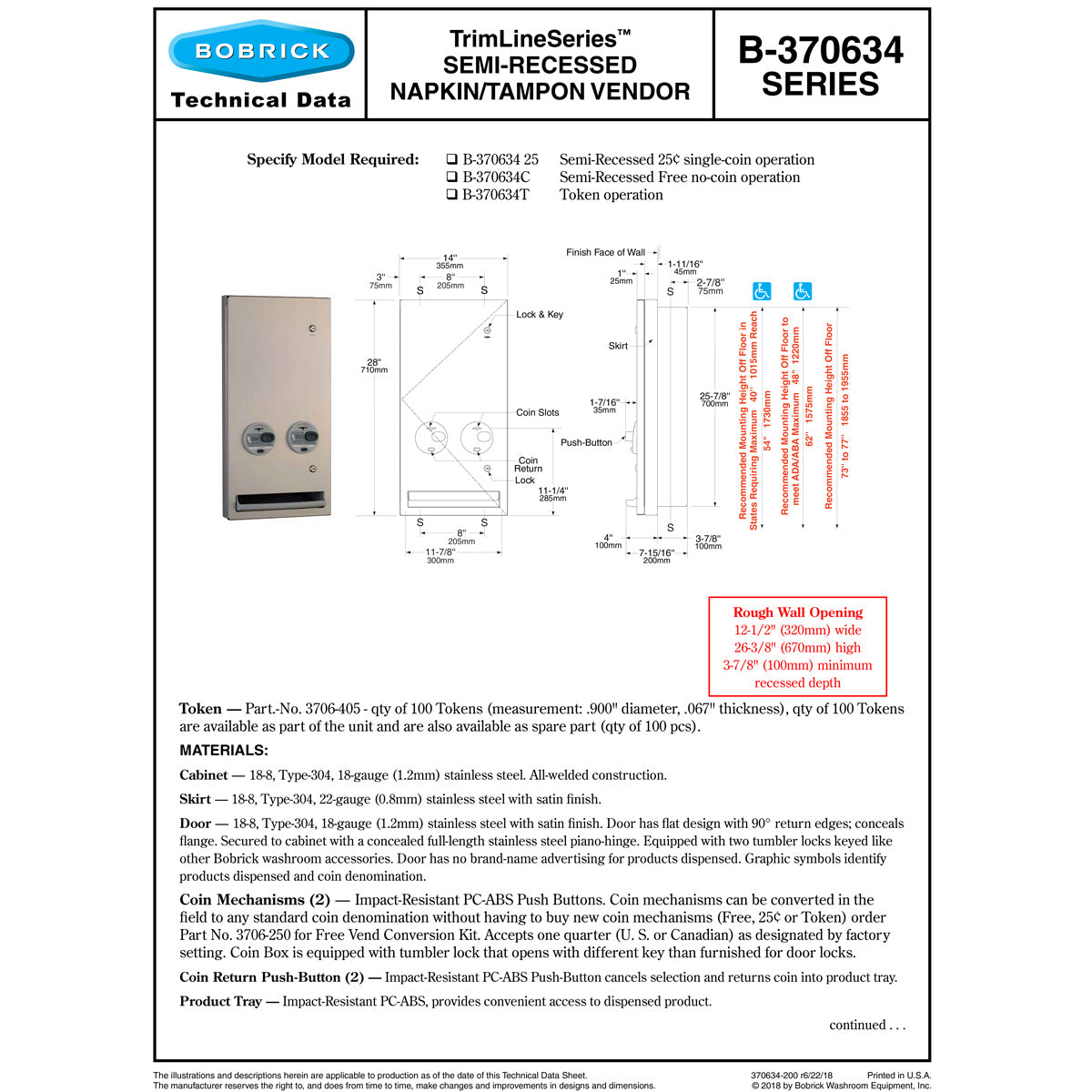 Bobrick B-370634C Napkin / Tampon Vendor, Free Vend Operation
