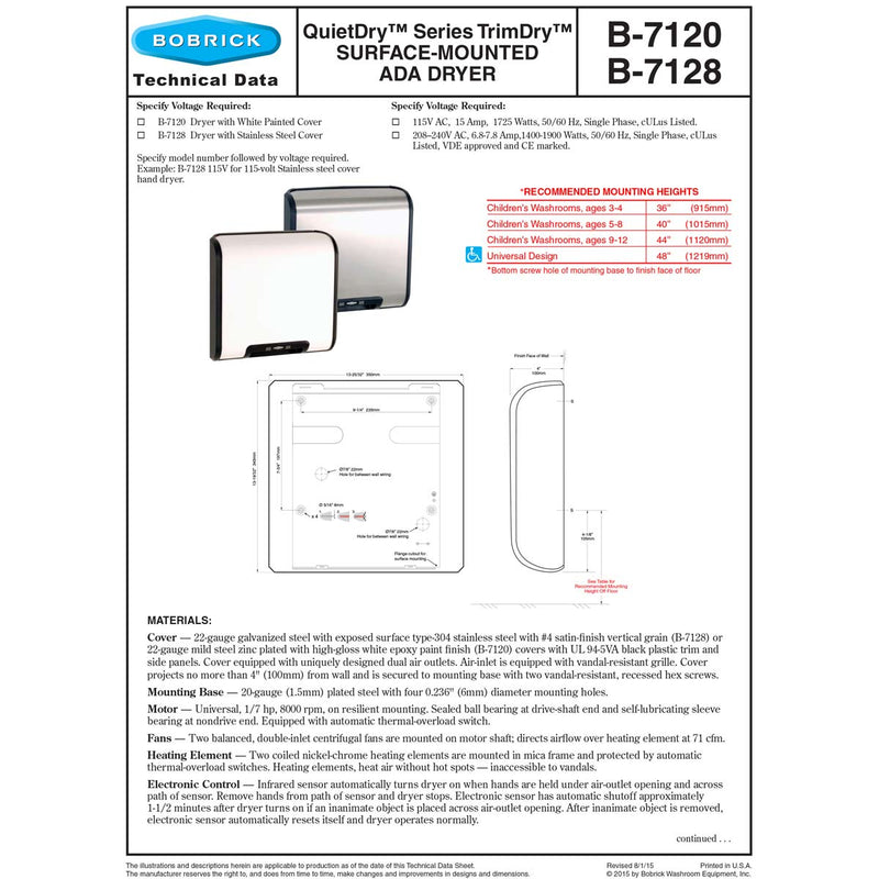 Bobrick B-7128 115V TrimDry ADA Surface-Mounted Hand Dryer, Stainless Steel Cover 115V