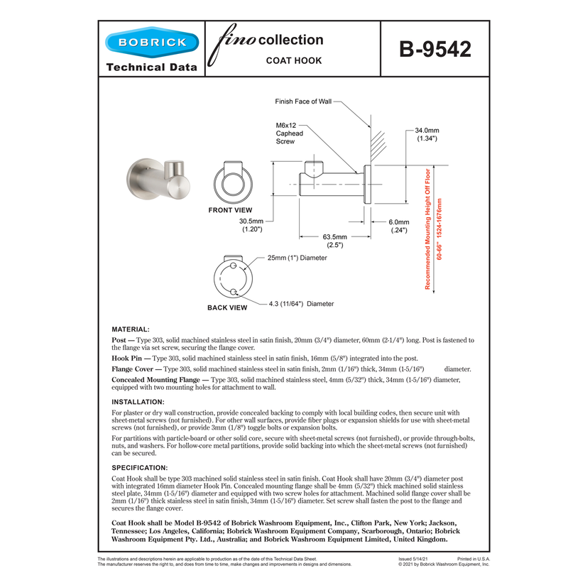 Bobrick B-9542 Fino Coat Hook