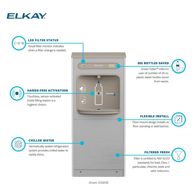 Elkay DSSBF8S ezH2O Floor Standing Bottle Filling Station, Filtered, Refrigerated, Stainless Steel