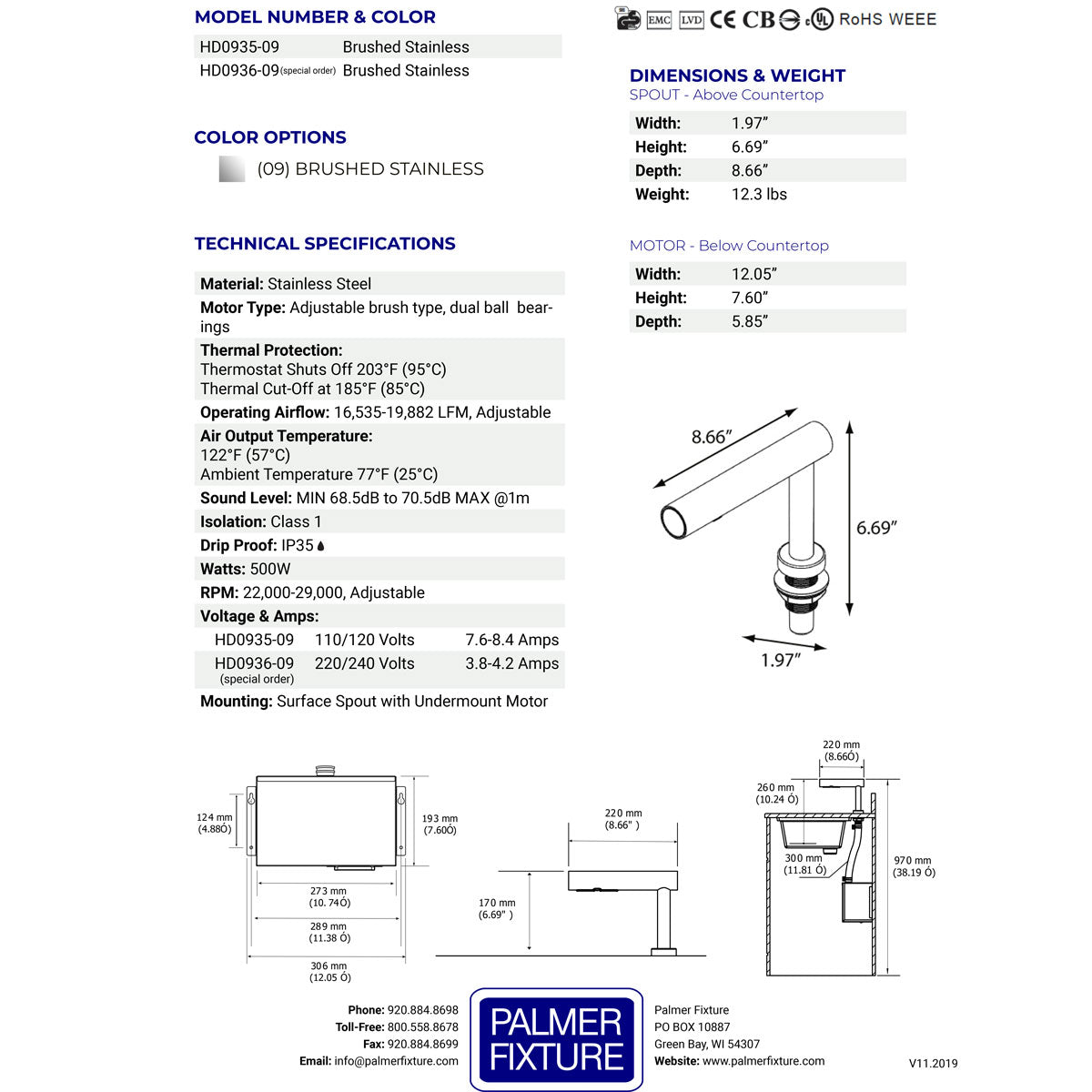 Palmer Fixture HD0935-09 EcoTap High Speed Hand Dryer-Brushed Stainless Steel, 110/120V