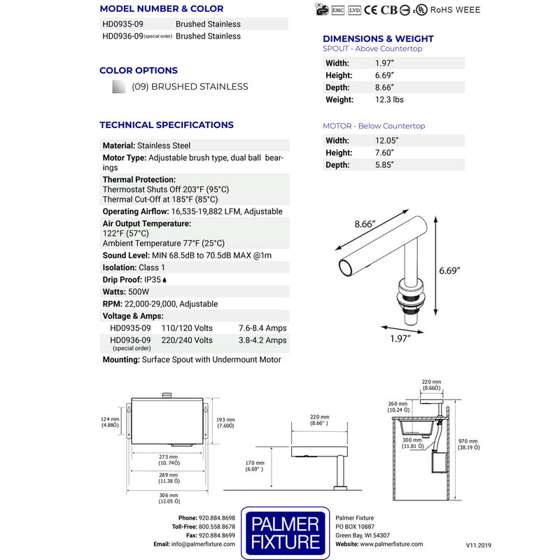 Palmer Fixture HD0935-09 EcoTap High Speed Hand Dryer-Brushed Stainless Steel, 110/120V