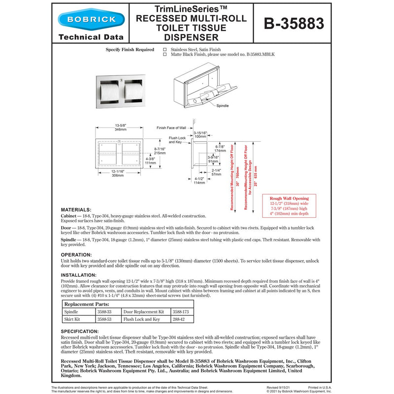 Bobrick 35883.MBLK Matte Black Trimline Recessed Toilet Tissue Dispenser