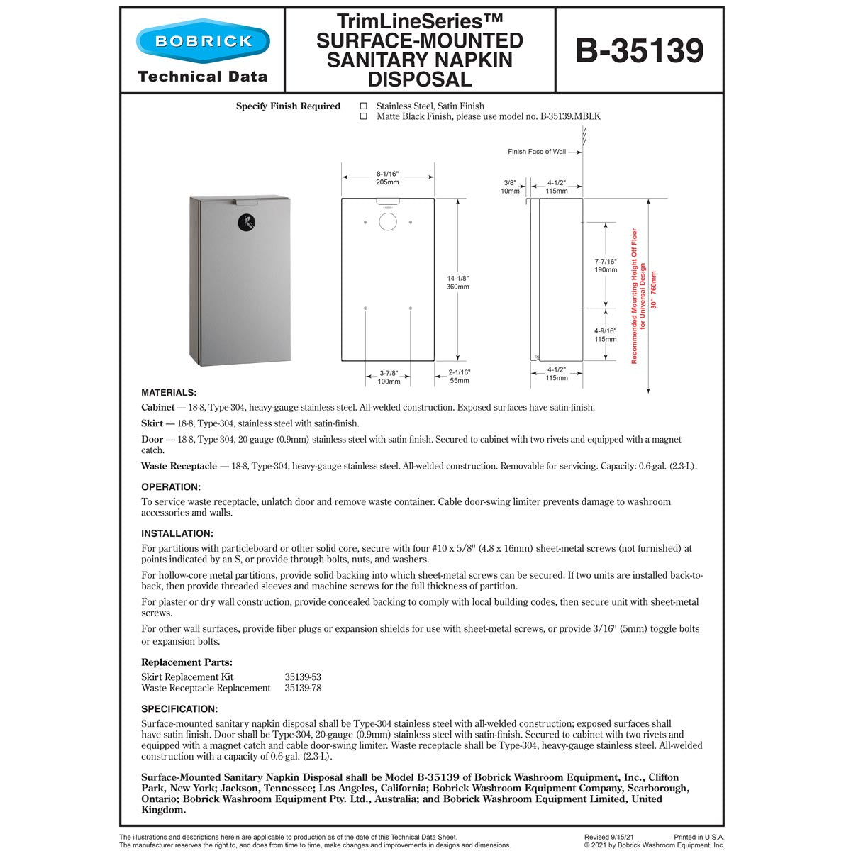 Bobrick B-35139.MBLK Matte Black Surface Mount Napkin Disposal