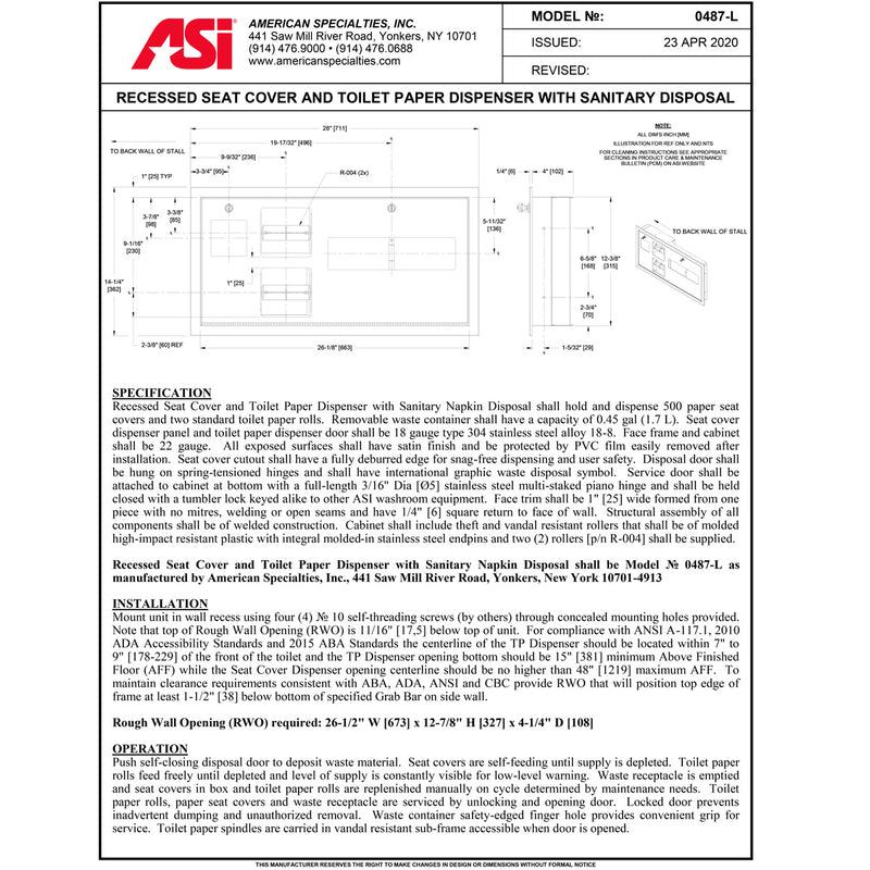 ASI 0487-L Toilet Seat Cover & Toilet Tissue Dispenser with Sanitary Napkin Disposal - Horizontal, ADA - Recessed