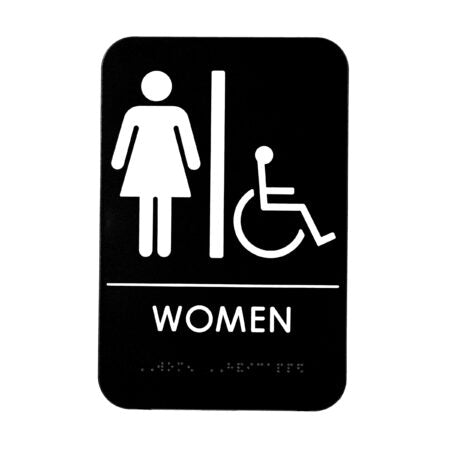 Women's Braille Handicapped Restroom Sign, ADA Compliant, Black & White w/ Adhesive Strips Included, 6" X 9" - ALPSGN-6