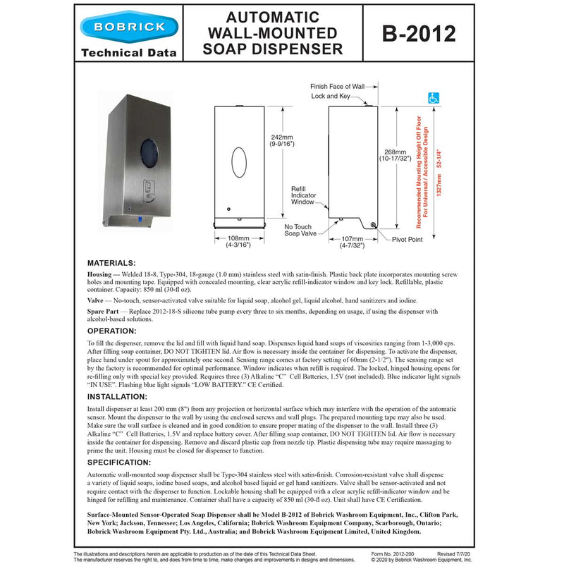 Bobrick B-2012 Commercial Automatic Soap Dispenser, Wall-Mounted