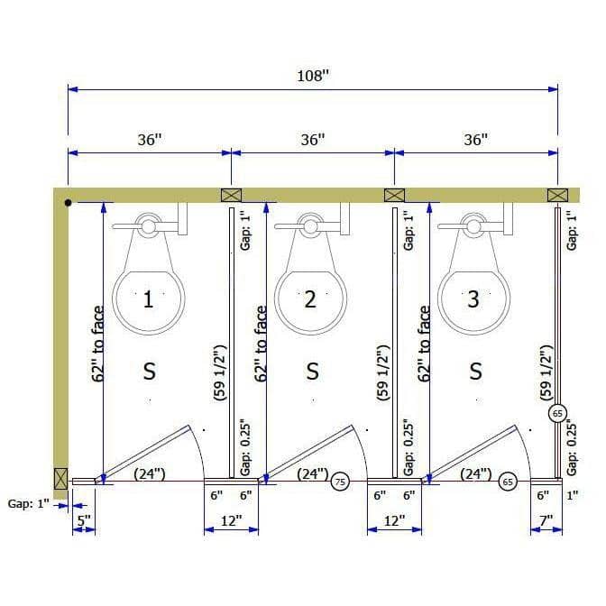 ASI Global Toilet Partition, 3 In Corner Compartments, Metal, 108