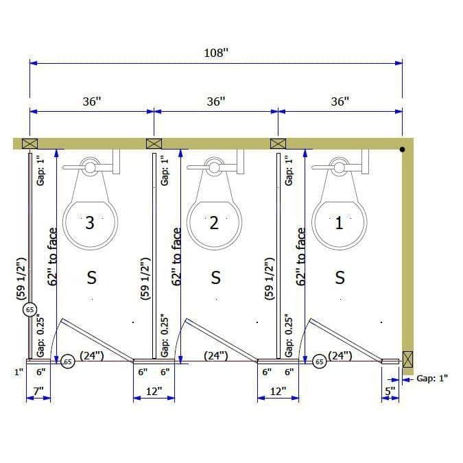 ASI Global Toilet Partition, 3 In Corner Compartments, Metal, 108