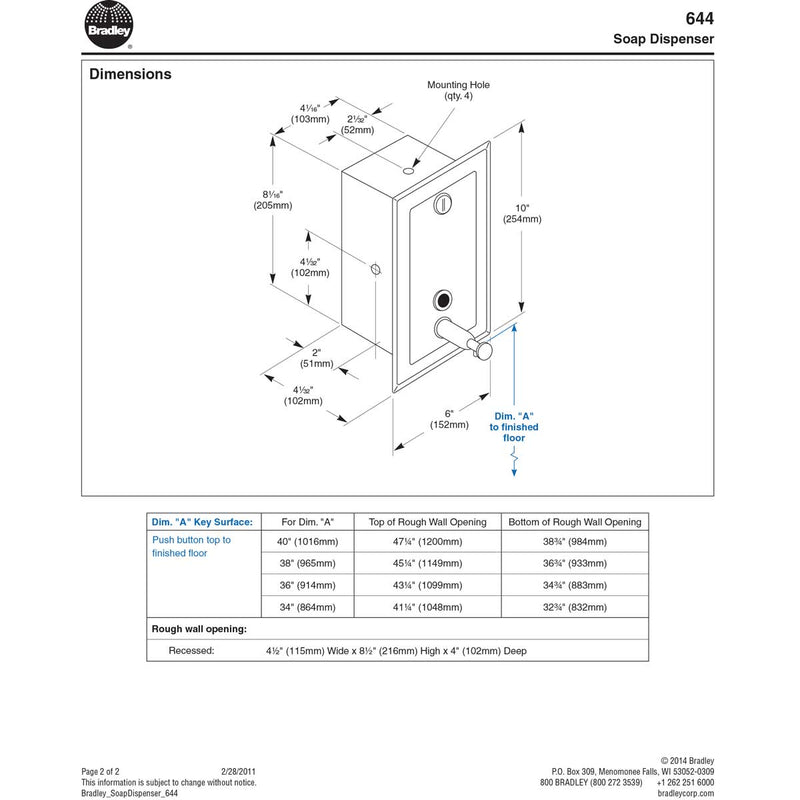 Bradley 644-000000 Commercial Restroom Liquid Soap Dispenser, Recessed-Mounted, Manual-Push, Stainless Steel