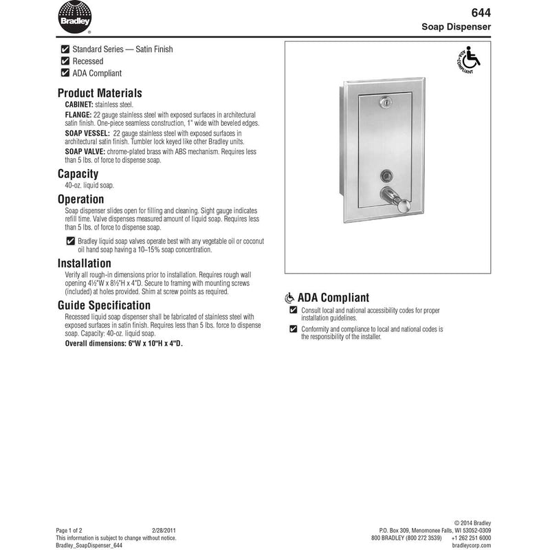 Bradley 644-000000 Commercial Restroom Liquid Soap Dispenser, Recessed-Mounted, Manual-Push, Stainless Steel