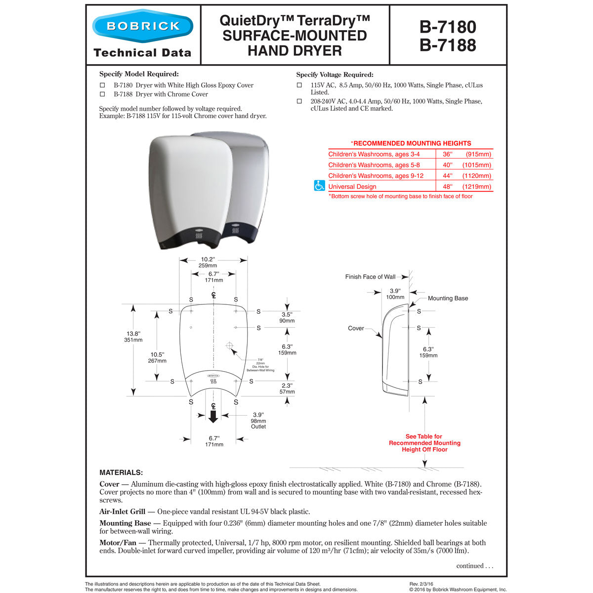 Bobrick B-7180 Automatic Hand Dryer, 115 Volt, Aluminum die-castinged, Cast Iron