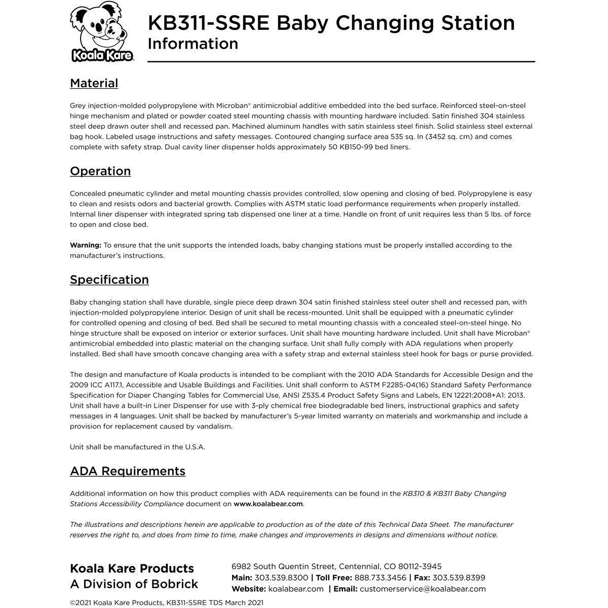 Koala Kare KB311-SSRE Vertical Stainless Steel Recessed-Mounted Baby Changing Station