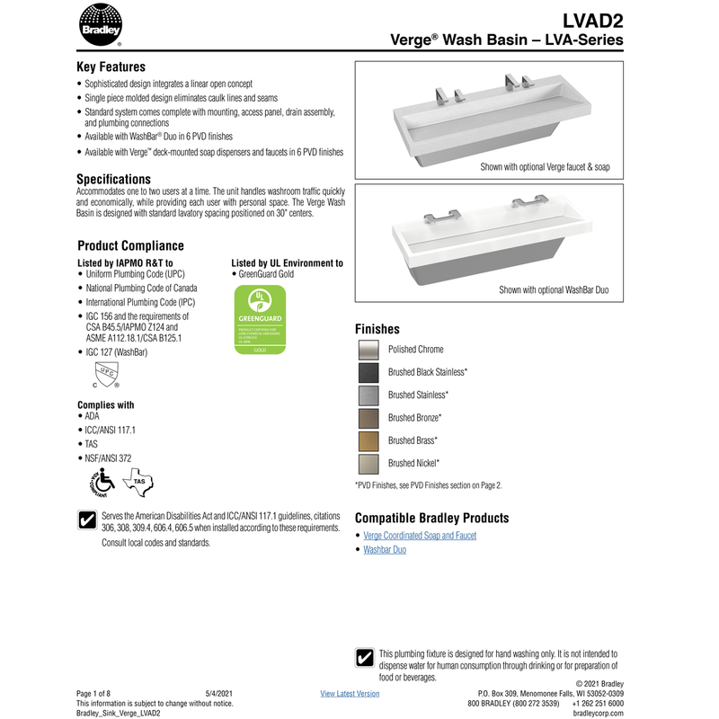 Bradley Verge Commercial Hand Wash Sink - LVA-Series, Two-Station, LVAD2