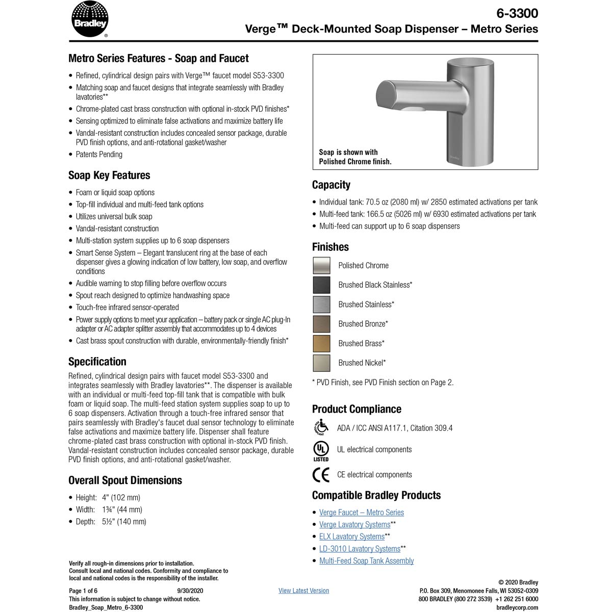 Bradley (6-3300) RLT-BS Touchless Counter Mounted Sensor Soap Dispenser, Brushed Stainless, Metro Series
