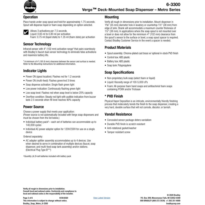 Bradley (6-3300) RFM-BS Touchless Counter Mounted Sensor Soap Dispenser, Brushed Stainless, Metro Series