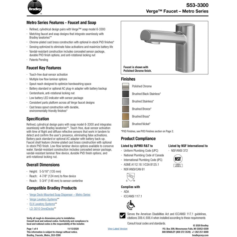 Bradley (S53-3300) RL5-BS Touchless Counter Mounted Sensor Faucet, .5 GPM, Brushed Stainless, Metro Series