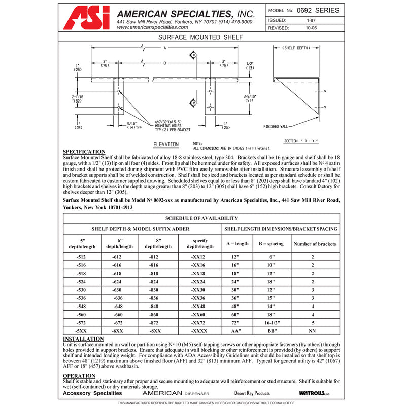 ASI 0692-830 Commercial Restroom Shelf, 8" D x 30" L, Stainless Steel w/Satin Finish