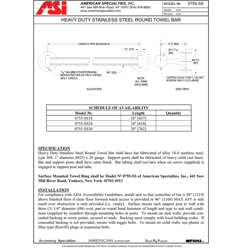 ASI 0755-SS18, Heavy-Duty Towel Bar 18"Length, Surface-Mounted, Stainless Steel