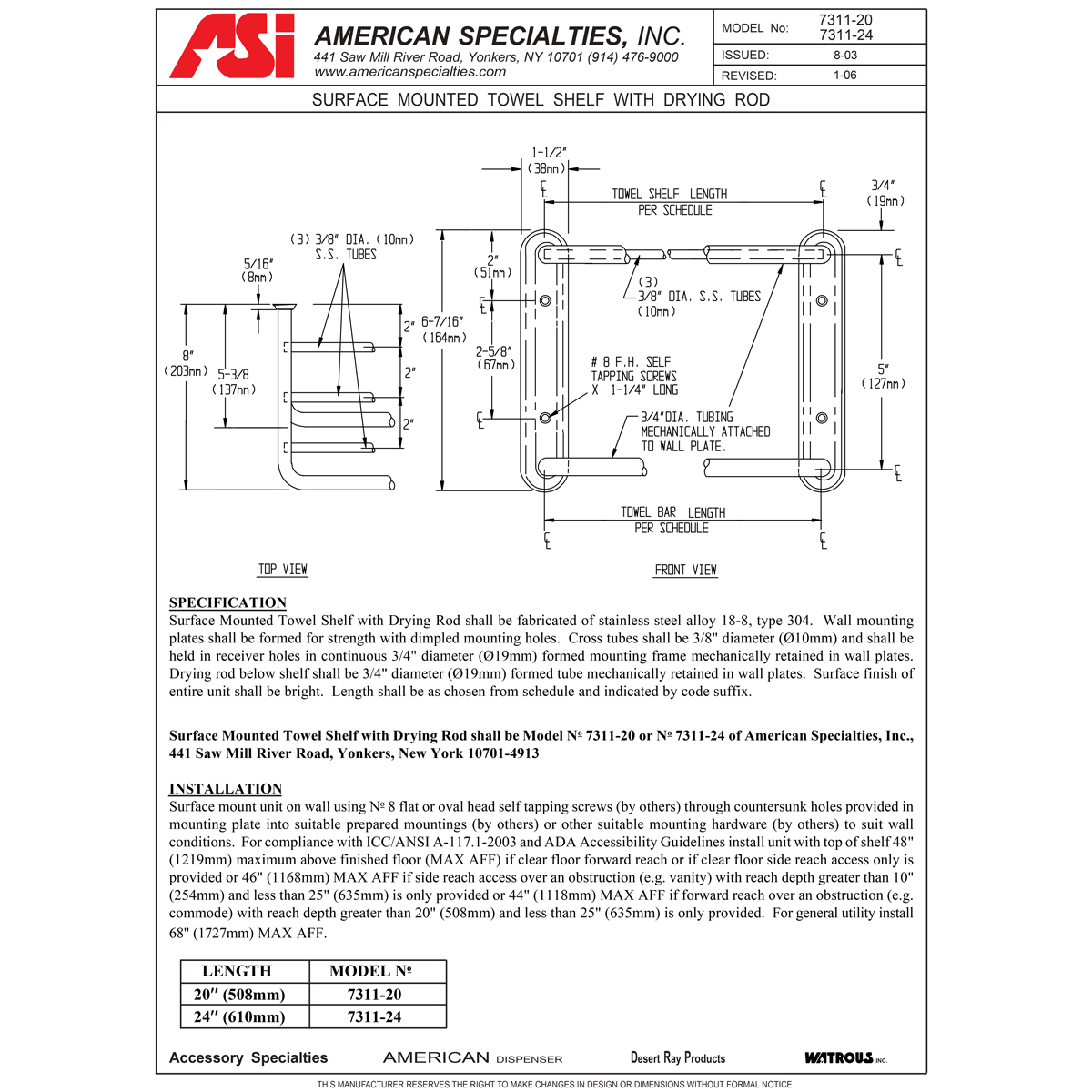 ASI 7311-24B, Towel Shelf w/Drying Rod, 1/4