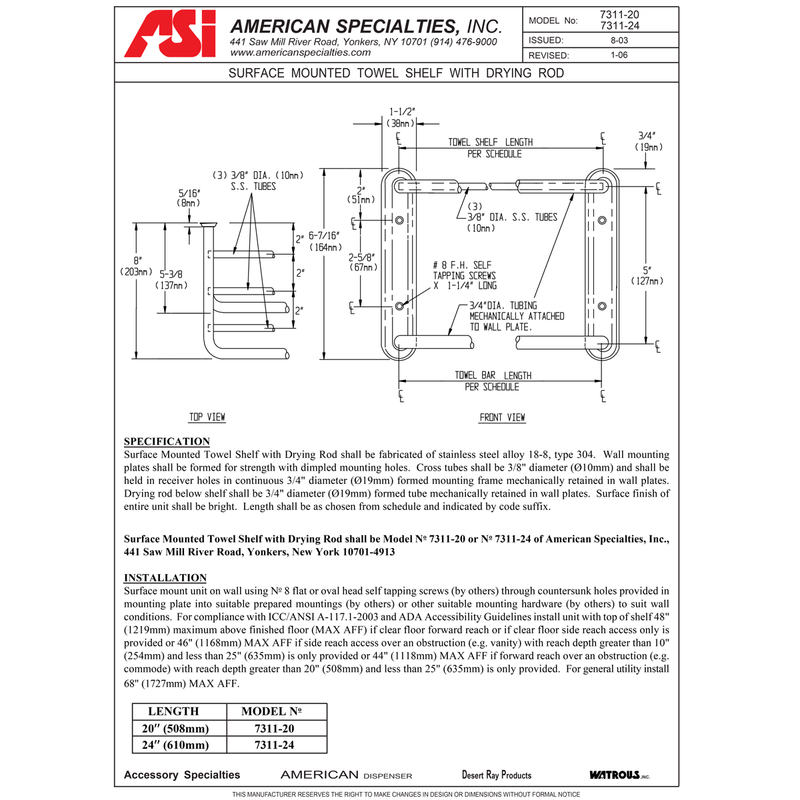 ASI 7311-20B, Towel Shelf w/Drying Rod, 3/4" Diameter x 20" Length, Stainless Steel w/ Bright-Polished Finish