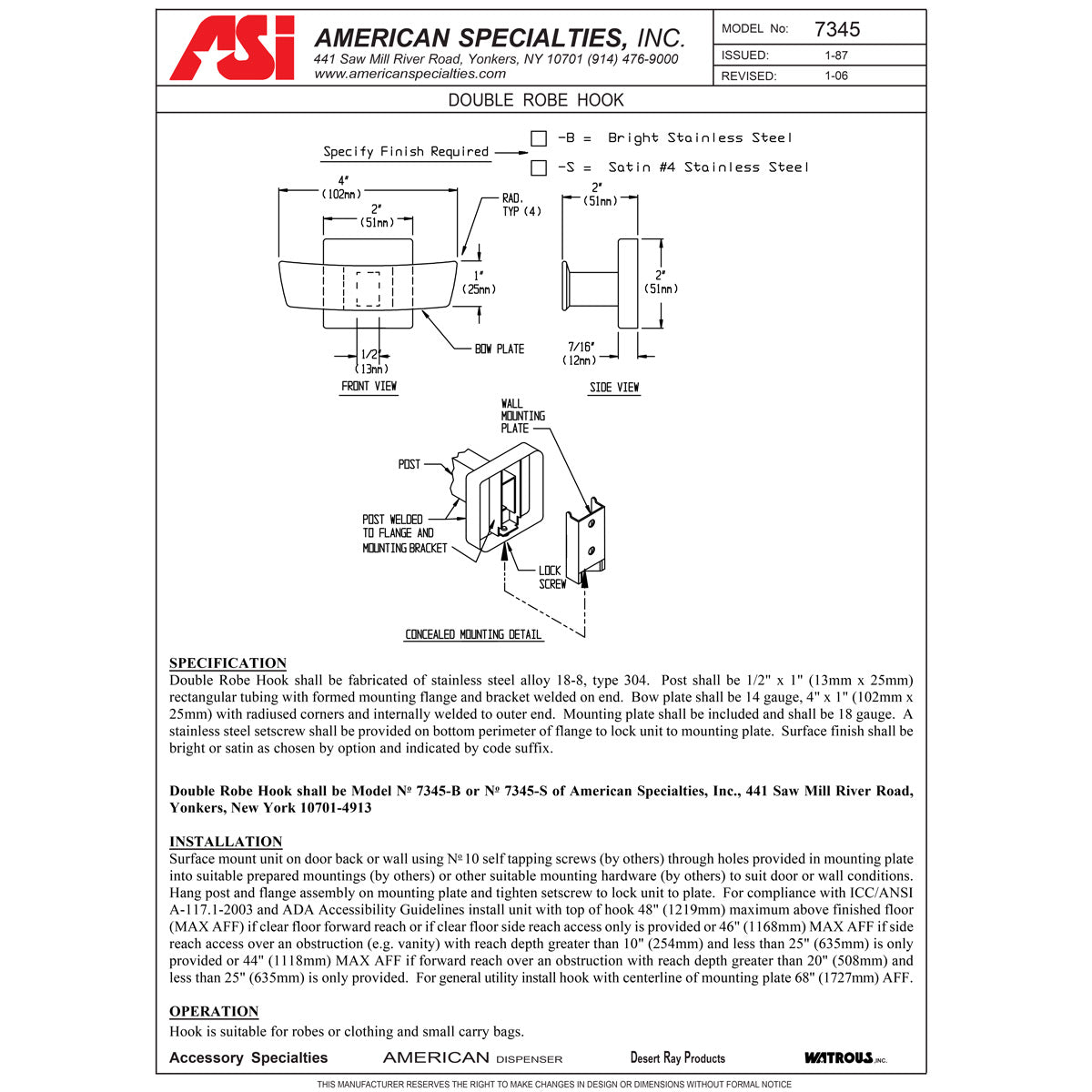 ASI 7345-S Commercial Restroom Double Robe Hook, Stainless Steel w/ Satin Finish