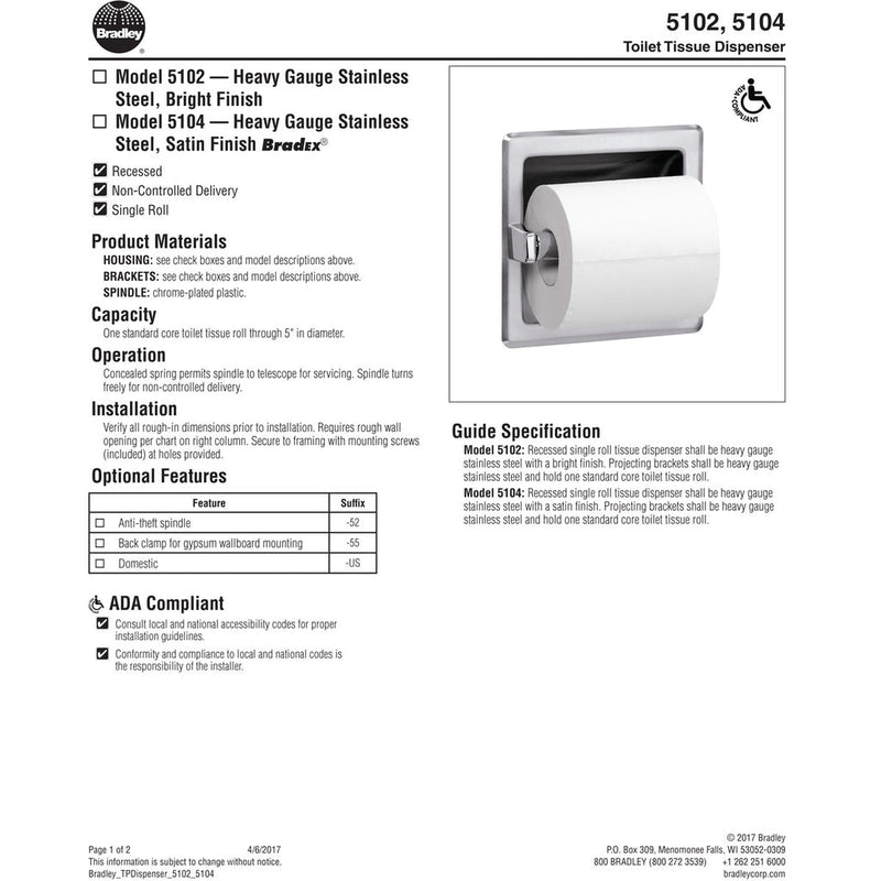 Bradley 5104-00 Commercial Toilet Paper Dispenser, Surface-Mounted, Stainless Steel w/ Satin Finish