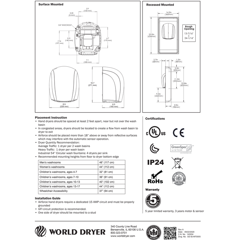 World Dryer Airforce J-162 High Efficiency Hand Dryer, Black, Green Spec, Updated Part Number: J-162A3