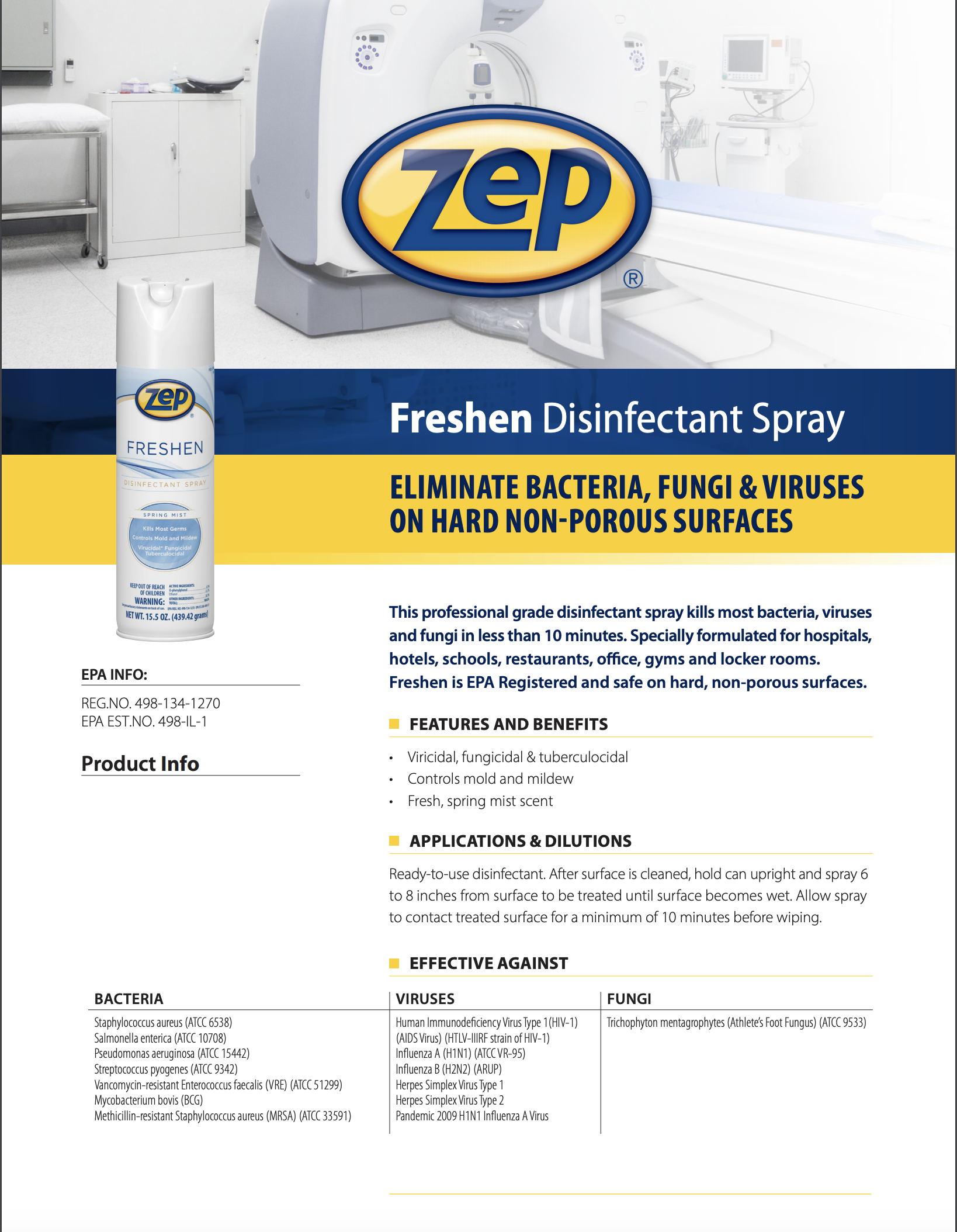 Zep Freshen Disinfectant Spray, Kills COVID-19 Virus, 15.5 Oz, 12/Case, ZPP1050017