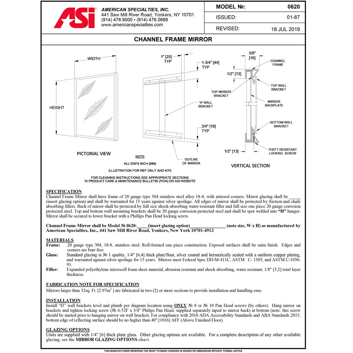 ASI 0620-3048 (30 x 48) Channel Frame Mirror, 20 Gauge Type 304 Stainless Steel Channel 30"W x 48"H